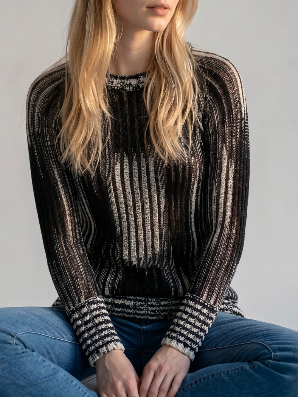 Missoni Sheer Mesh Striped Open-Knit Long Sleeve Sweater